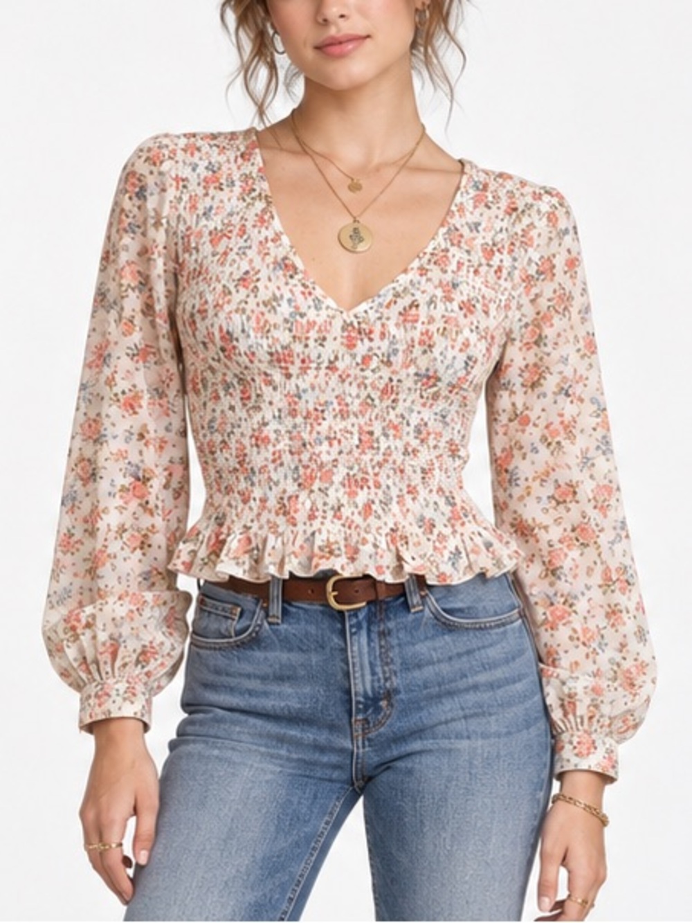American Eagle Ditsy Floral Smocked Peplum Blouse Cottagecore Top Large